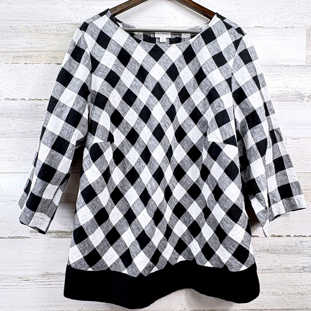 J. Jill Tunic Blouse Womens 3X Black Gingham 100% Linen 3/4 Sleeve Cottagecore